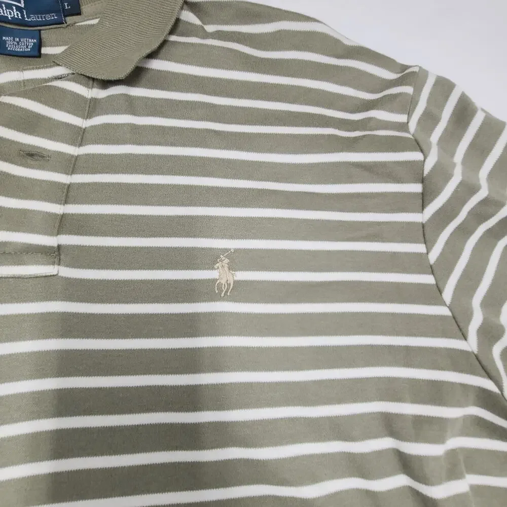 Polo Ralph Lauren men's short-sleeved polo shirt Green White Stripe Cotton L